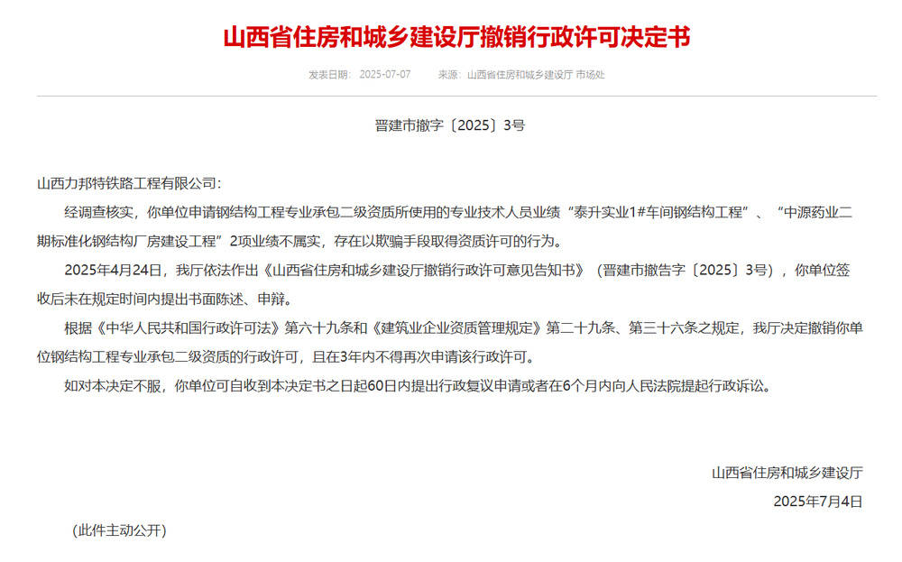 以欺骗手段取得资质<strong></p>
<p>国际金融危机</strong>，山西省住建厅连发6则撤销行政许可决定书