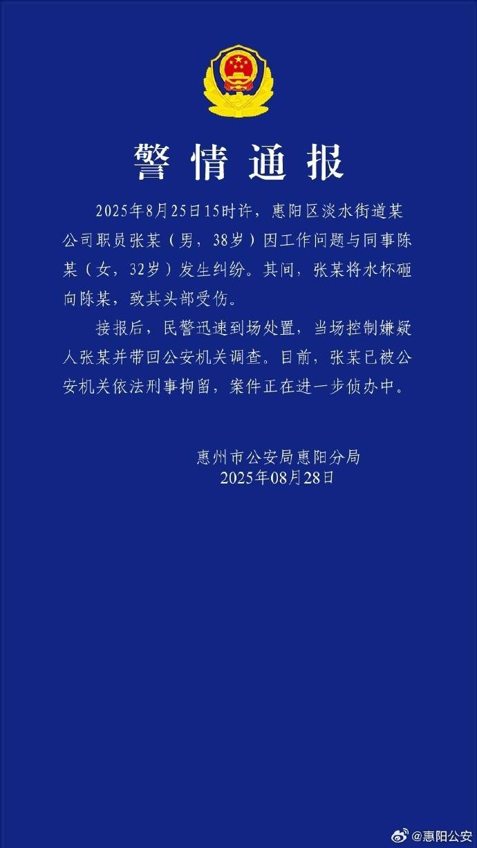 警方通报“女子称因咨询业务被男同事砸头”：张某因工作纠纷用水杯砸伤陈某<strong></p>
<p>永辉超市股票</strong>，已刑拘