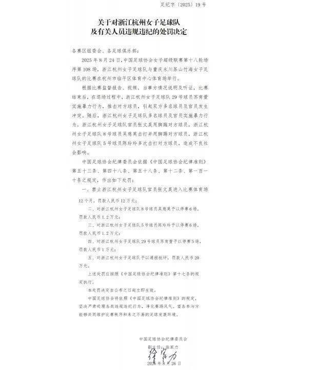 中国足协重罚“女足赛场冲突”<strong></p>
<p>永辉超市股票</strong>，多人被禁赛、罚款